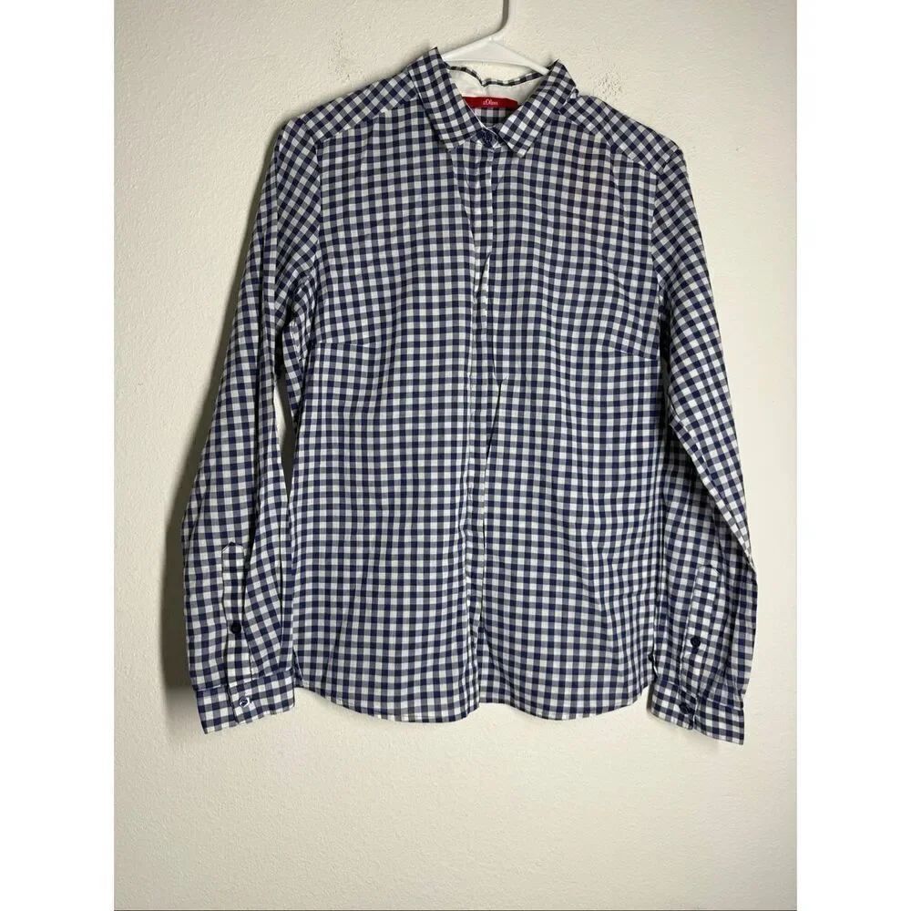 NWT S.Oliver Cotton Button Down Plaid Shirt Long Sleeve Size 8 Blue White